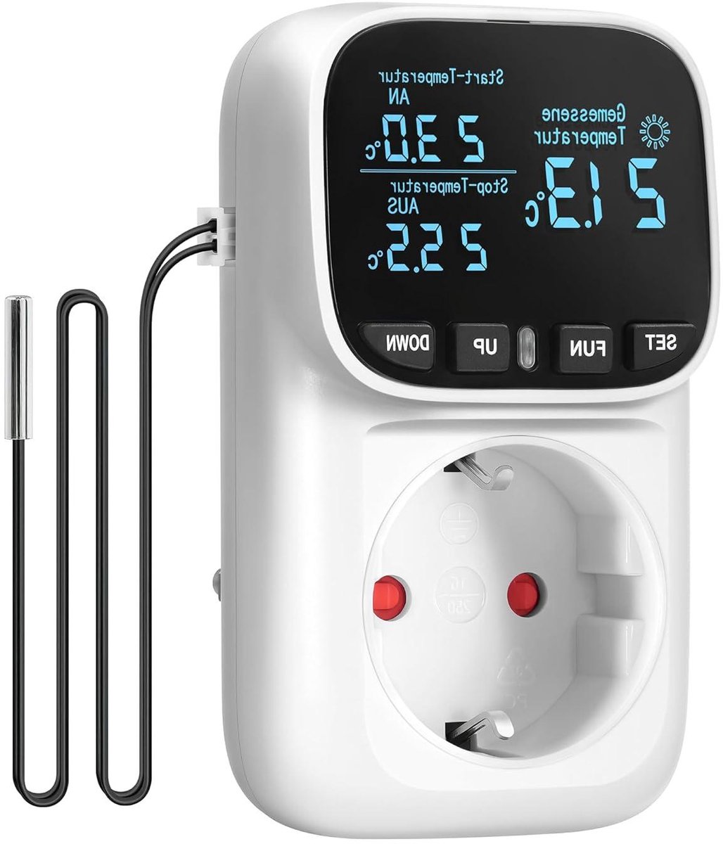 Temperatuurregelaar Stopcontact - Digitale Thermostaat - Klimaat Beheersing - VA LCD Display - 230V - Wit Zwart