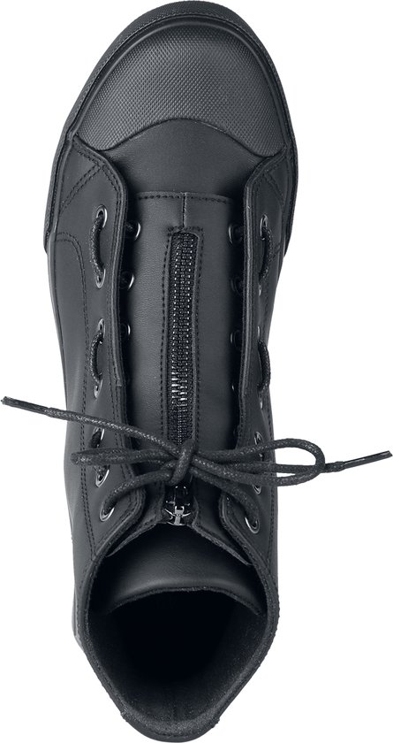 Zwarte hoge sneaker met ritssluiting, veters en rubberen neus, bovenaanzicht.