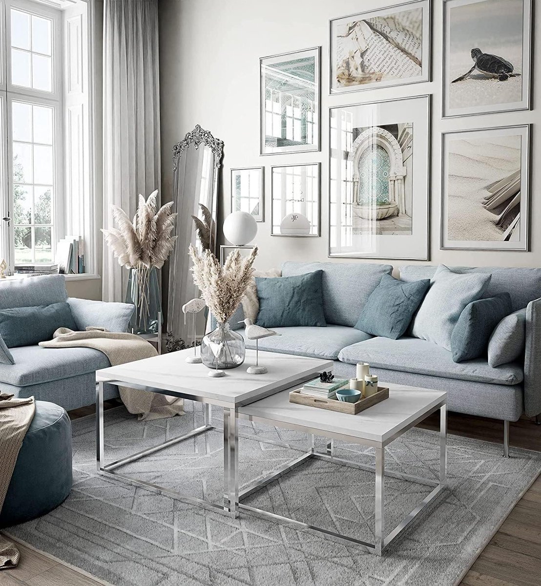 Twee-In-Een Salontafel - Set Van Twee Tafels - Ruimtebesparend Wonen - Mat Afgewerkt Staal - 60x60x40 70x70x46 - Wit En Zilver