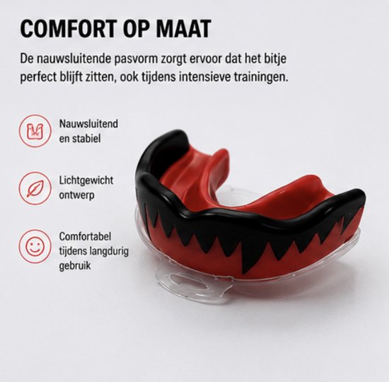 Rood/zwart gebitsbeschermer met vampiertanden in een transparante opbergdoos. Tekst 'COMFORT OP MAAT'.