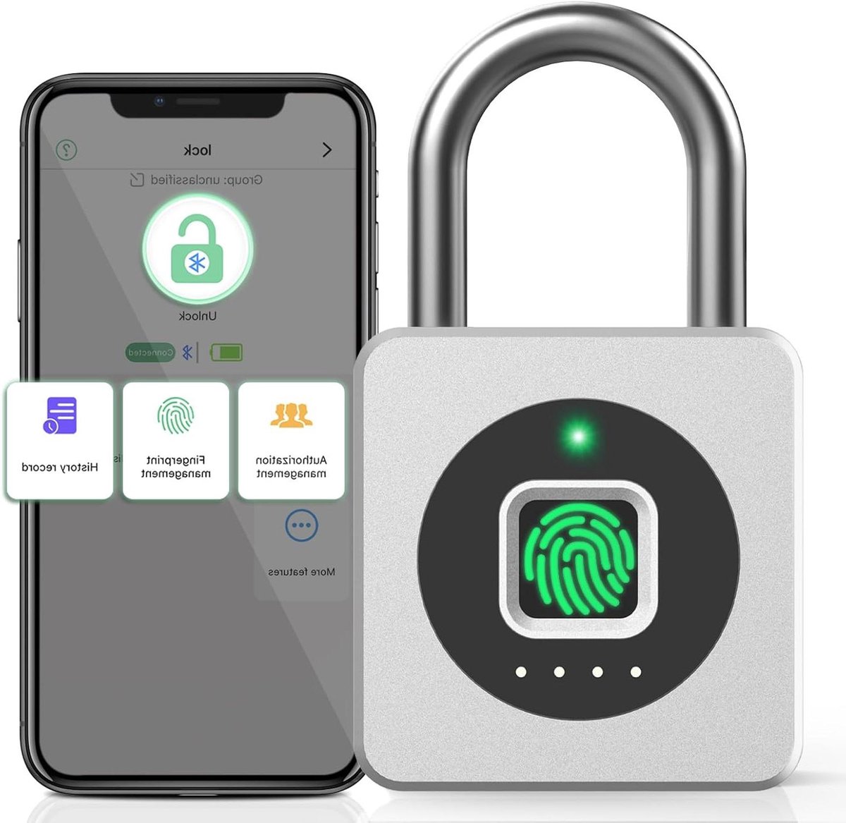 Slim Hangslot - Biometrisch Slot - Kluisjes Beveiligen - App Ontgrendeling - 43x18x76 mm - Zilver
