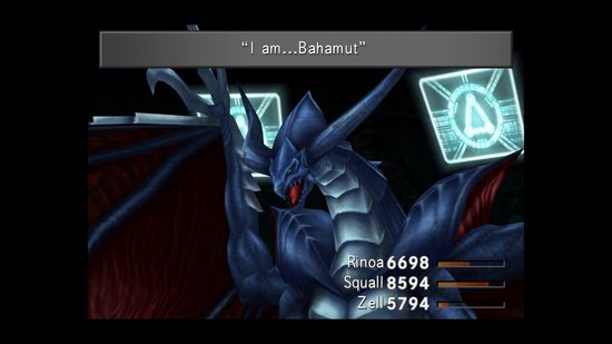Een grote blauwe draak met rode vleugels, genaamd Bahamut.