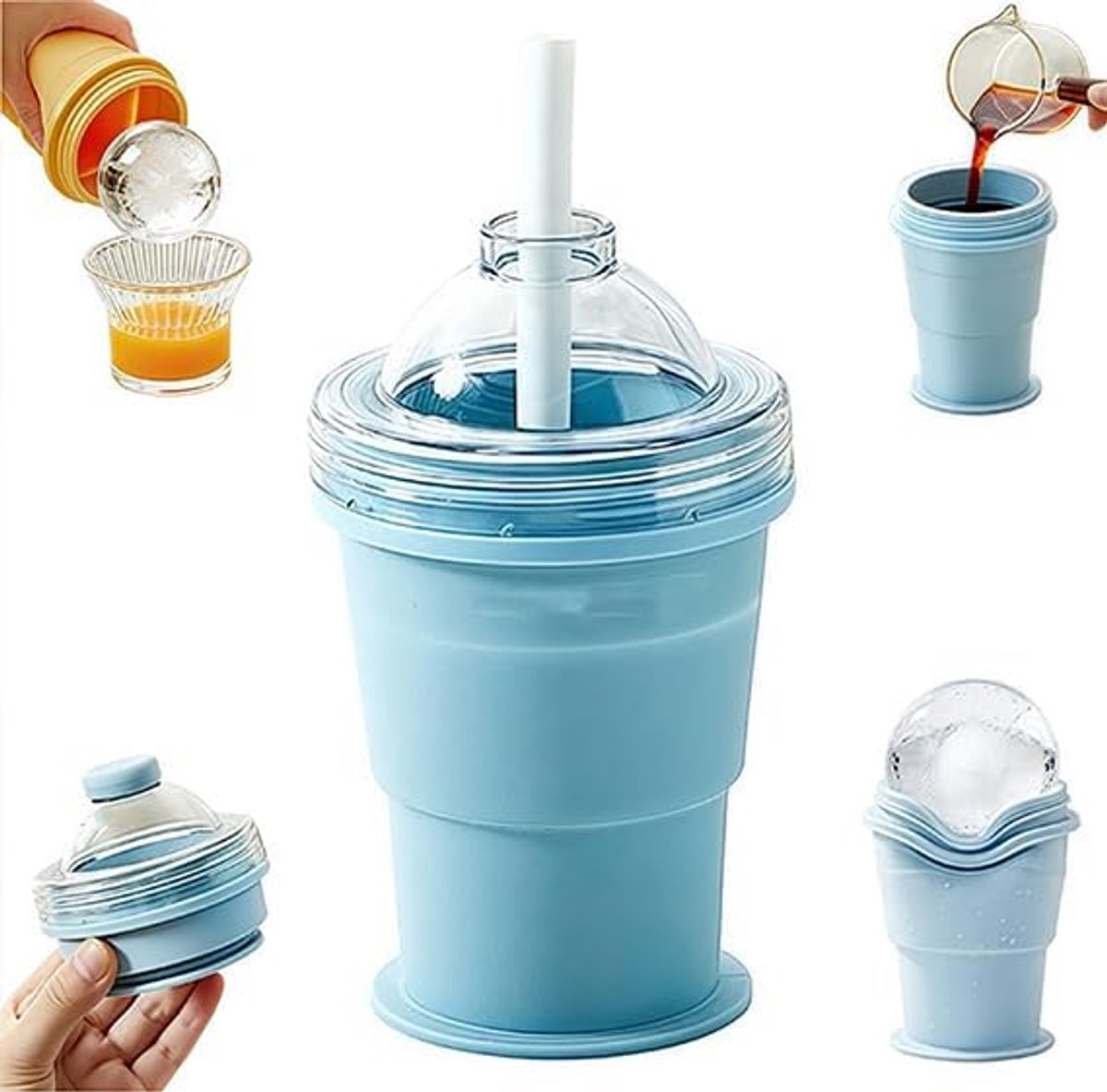 2-in-1 Opvouwbare Siliconen IJsbolmaker-beker, Opklapbare Drinkbeker met IJsbolvorm, Draagbare Reisbeker, 2,3 inch Bolvormige IJsblokjes voor Whiskey, Cocktails, Koffie en Sap - Blauw - 12.5*7*7cm