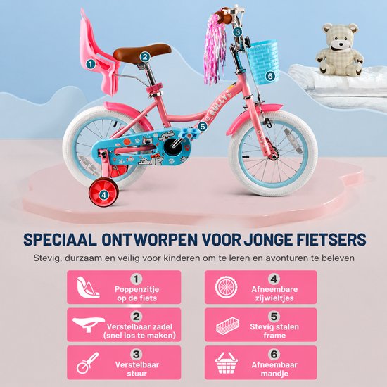 Vankel Kinderfiets 12 Inch - Met Steunwielen - Terugtraprem en Velgrem - Sterk Stalen Frame - Volledig Gesloten Kettingkast - Afneembare Fietsmand - Verstelbaar Zadel - Antislip Banden - Geschikt voor 2-4 Jaar - Duurzame Kinderfiets - Roze van VANKEL — afbeelding 4