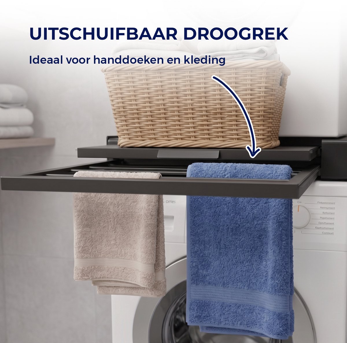 ProductXpert Stacko™ - Stapelkit - Tussenstuk - Uitschuifbare Plank met Handdoekhouder - Wasmachine en Droger - Zwart - Antislip — afbeelding 6