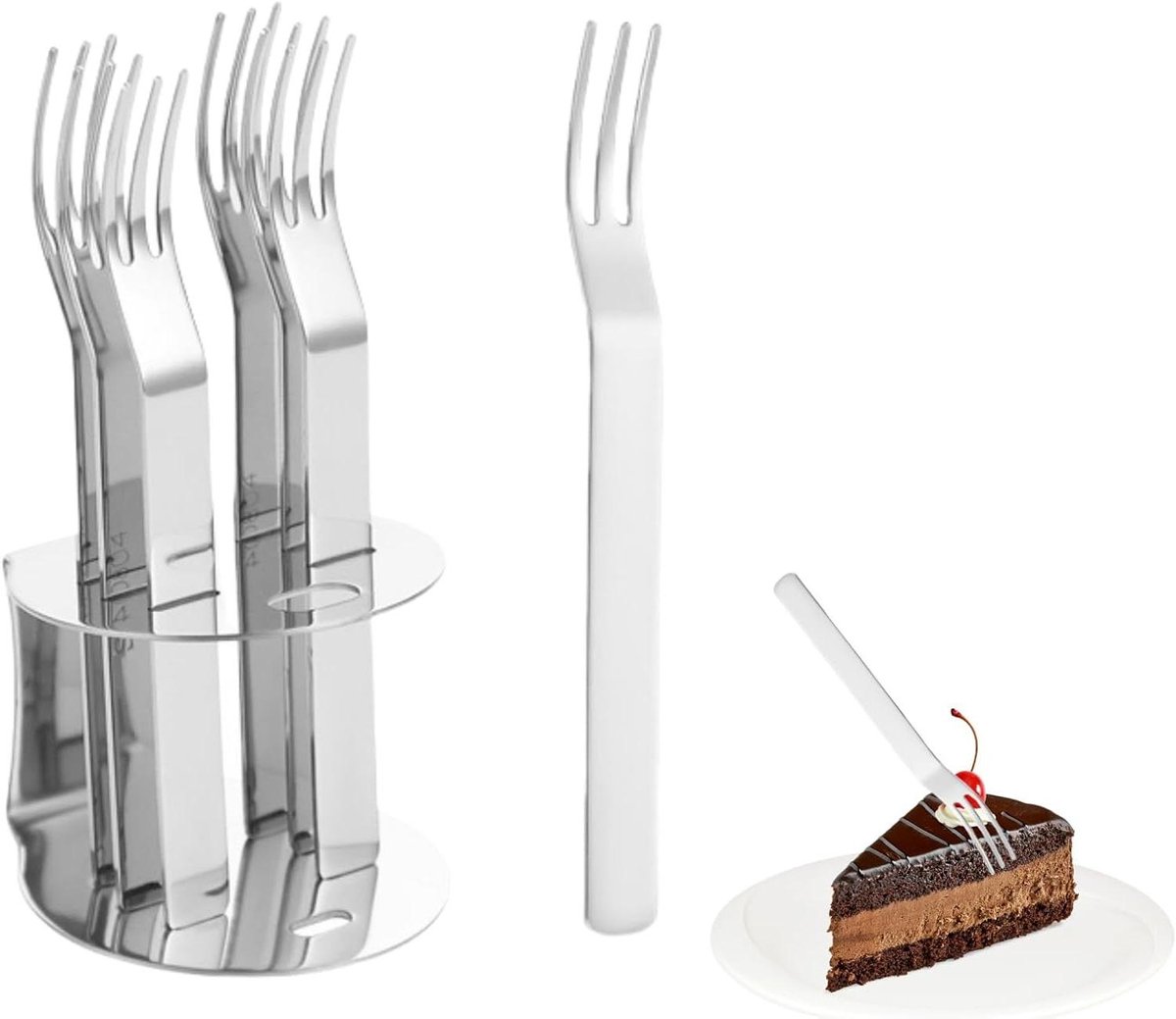 Dessertvorken, 6 stuks, 12,5 cm, roestvrij staal, taartvorken, fruitvorken, zilver, gouden taartvorken, hoogglans gepolijst, vaatwasmachinebestendig, met vorkdienblad (zilver)