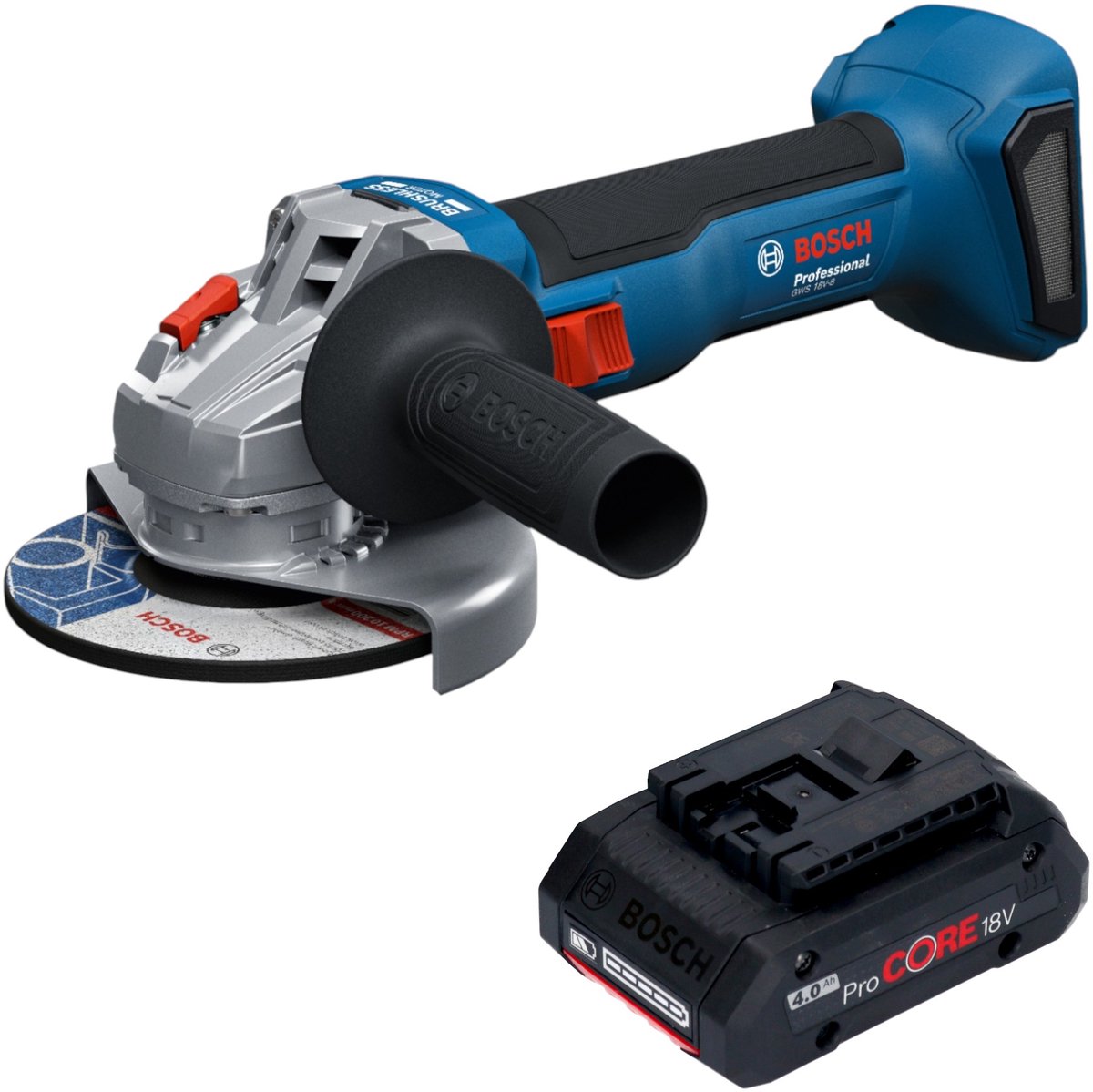 Bosch GWS 18V-8 Professional accu-haakse slijper 18 V 125 mm borstelloos + 1x ProCORE-accu 4,0 Ah - zonder oplader
