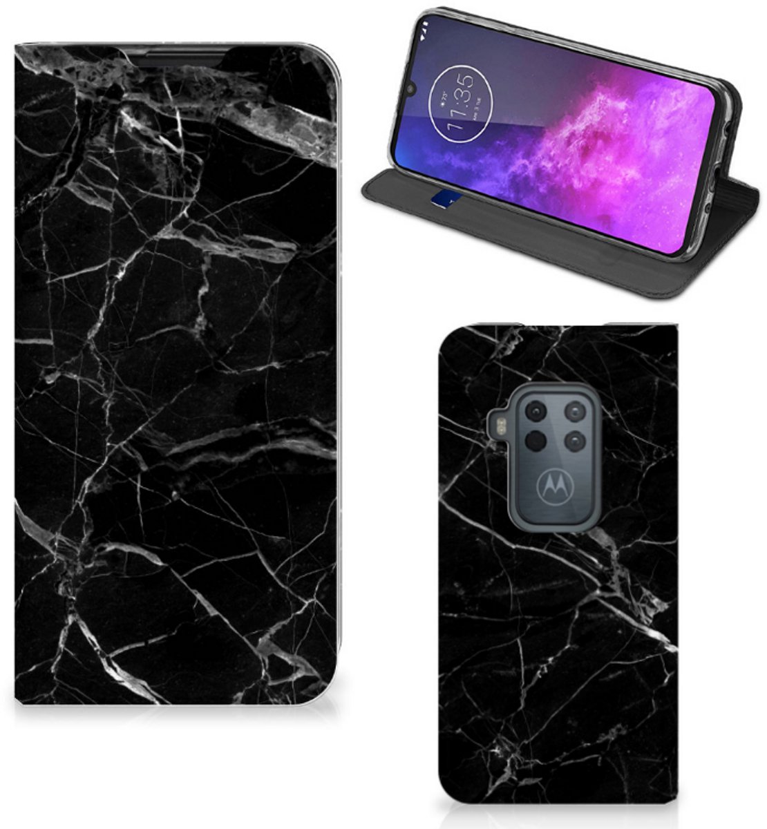 Motorola One Zoom Standcase Marmer Zwart - Origineel Cadeau Vader