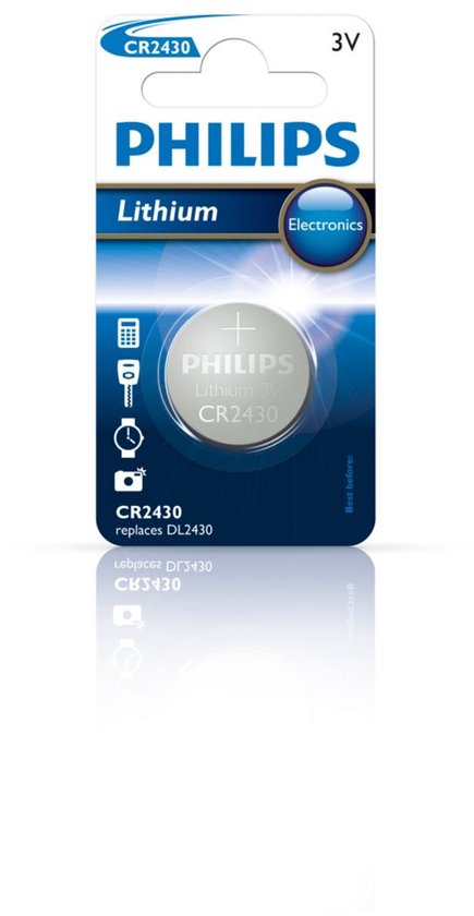 Philips CR2430 lithium knoopcelbatterij, 3V, in blisterverpakking met iconen voor elektronica.