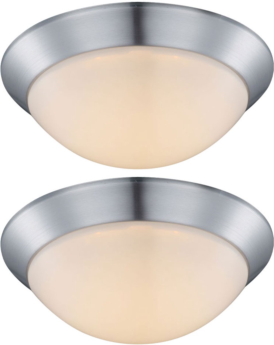Plafondlamp Designlamp Woonkamerlamp opaal satijn rond, metaal kunststof, 1x LED 12 watt 960 lumen warm wit, DxH 26x10 cm, set van 2