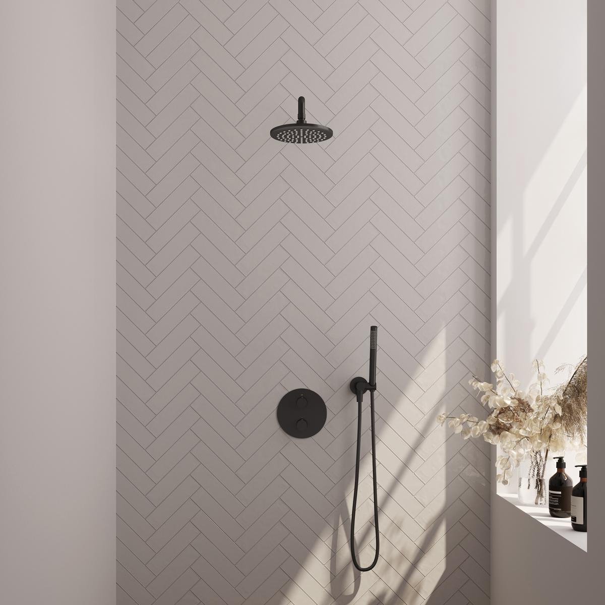 Brauer Black Carving Thermostatische Regendoucheset Inbouw - Hoofddouche 20 cm - Gebogen Wandarm - 3 Weg - Handdouche Rond - Doucheslang - Wandaansluitbocht - Mat Zwart