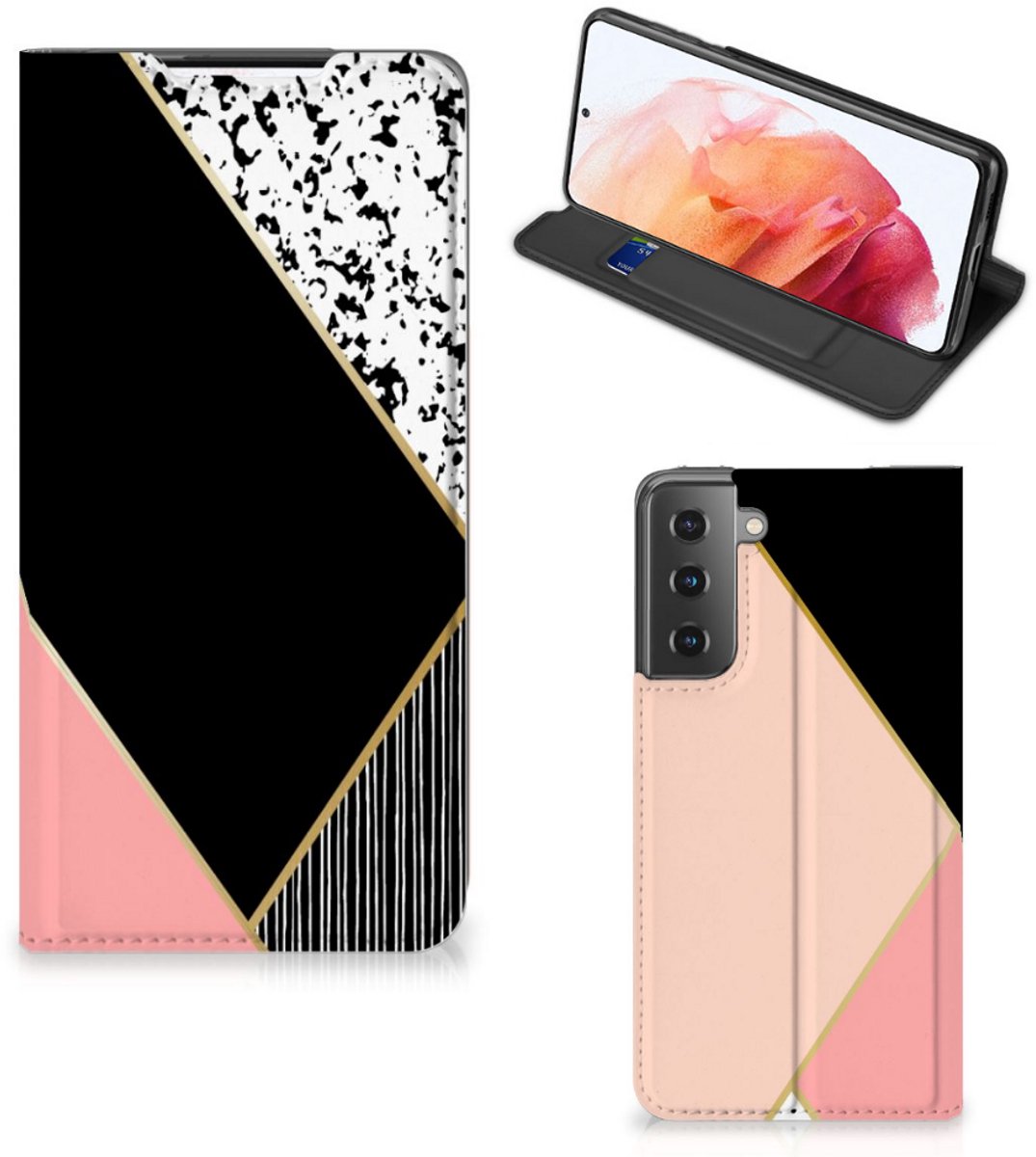 Samsung Galaxy S21 Stand Case Zwart Roze Vormen