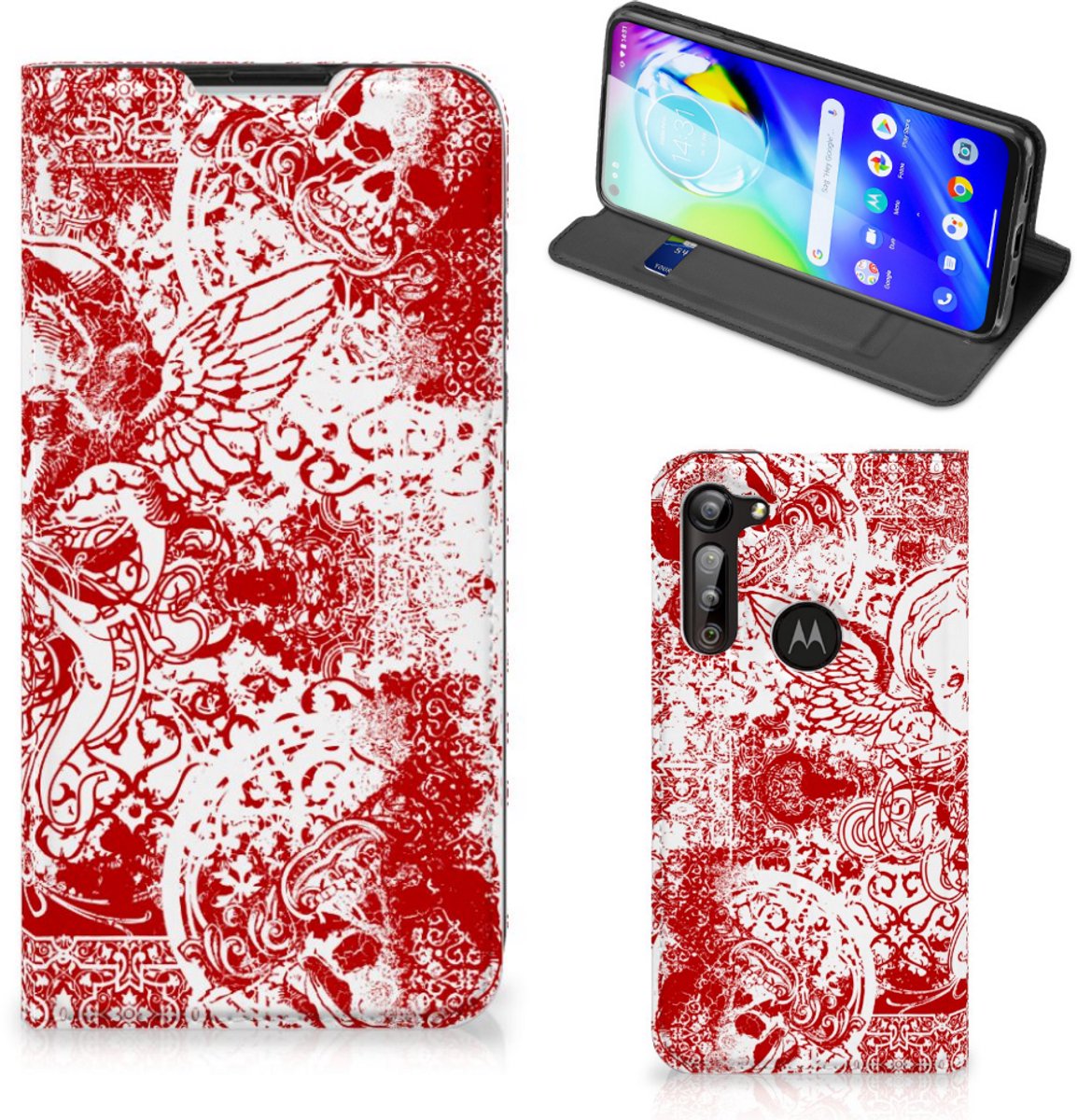 Mobiel BookCase Motorola Moto G8 Power Angel Skull Rood