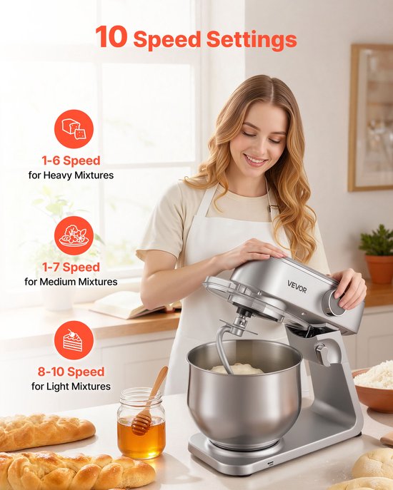VEVOR Staande Mixer/Keukenmachine voor Bakken, 1800W Deegmixer met Roestvrijstalen Kommen (7,4 L) & Deeghaak & Klopper & Garde, 10 Snelheden Kantelbare Mixer van Vevor — afbeelding 4