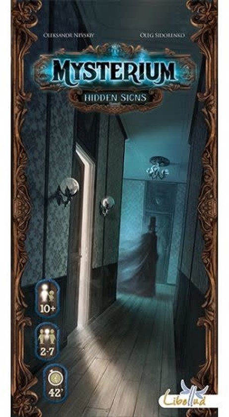 Doos van het bordspel Mysterium Hidden Signs met op de voorkant een gang met een spookfiguur.
