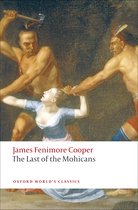 Boekcover van 'The Last of the Mohicans' met een schilderij van twee inheemse mannen die een blanke vrouw vasthouden.