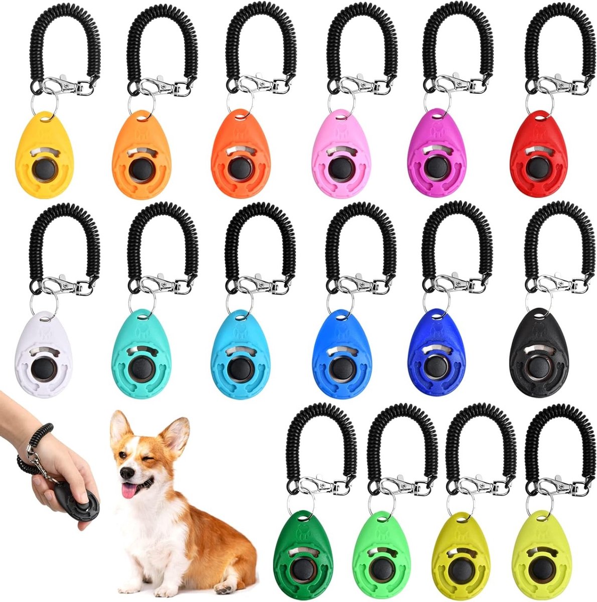 SnelShoppen - Dog Clicker Set van 16 Professionele Honden Trainingsclickers, Handloop, Grote Knop, Kleurrijke Pet Training Clickers voor Effectieve Ho