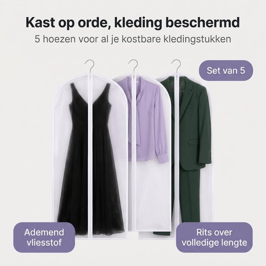 Set van 5 ademende kledinghoezen met ritssluiting over de volledige lengte: zwart, paars en groen.