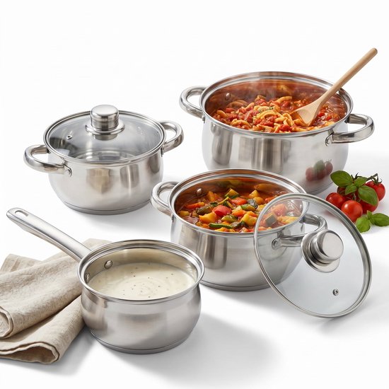 Cheqo® Pannenset Set van 8 - RVS Kookpannenset met Glazen Deksel - Inductie Pannen - Kookpan - Steelpan - Sauspan - Kookpot - Gas - Keramisch - Elektrisch - Alle Warmtebronnen - Kookgerei - Roestvrij Staal - Keuken - Pannen Set - Zilver