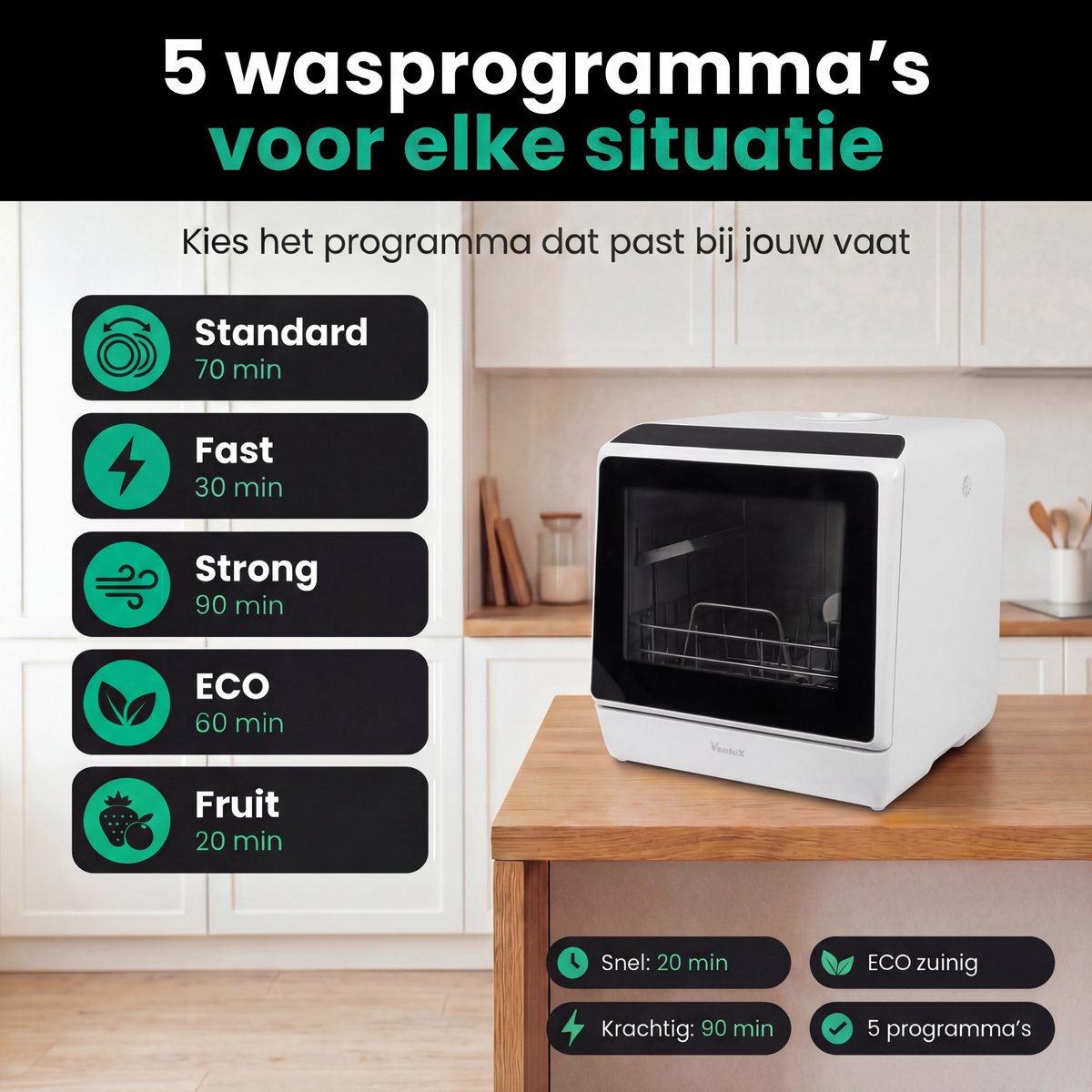 Ventux® Mini Vaatwasser Incl. App – Afwasmachine – 5 Programma’s – 900 Watt – 42,5 x 42,8 x 45,8 cm - Wit – foto 8