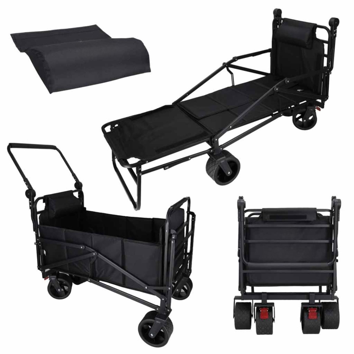 MOZY® - 2 in 1 Bolderkar en Ligbed - Zwart - 120 x 64 x 108 cm - tot 150 kg - Verstelbare Hendel - Opvouwbaar - Bolderwagen - Duwkar - Ligbed - Veldbed - Kampeerbed - Ligstoel - Visbed - Stretcher