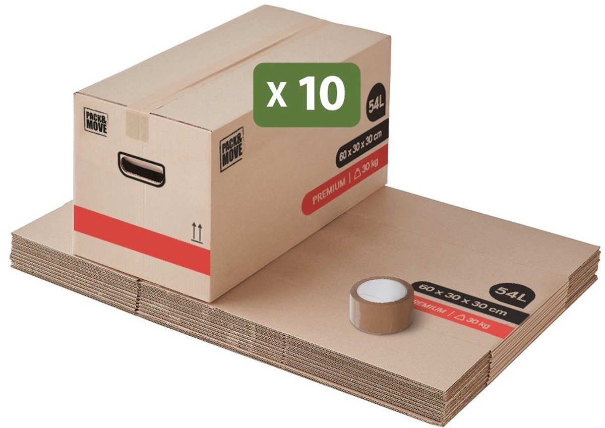 Pack and Move - Set 10 Premium Verhuisdozen - 60 x 30 x 30 cm - Max. 30KG - Herbruikbaar - Versterkte Handgrepen - 1 Tape Gratis