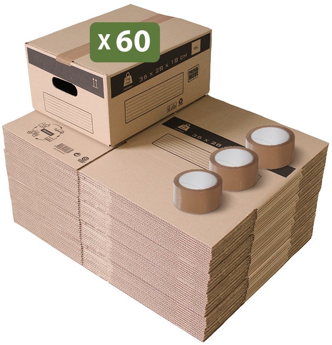 Pack and Move - Set 60 verhuisdozen opslag S - 36 x 28 x 18 cm - Versterkte handgrepen - 3 tapes gratis