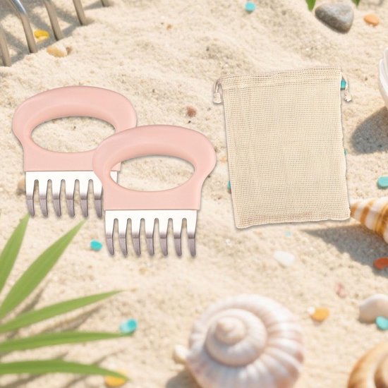 Solidchoice- Zandvlooienhark 2 Stuks - Handhark met Netzak - Roze/Beeige - Schelpen Opruimen - Lichtgewicht - Compact 12x11,8 cm - Strandkam van Solidchoice — afbeelding 2
