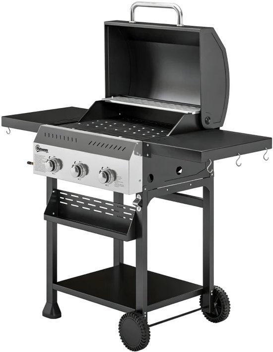 Gasbarbecue - Gasbarbecue en grill - 3 Branders - 9 kW - Grillwagen - Barbecuewagen - met Grillrooster, Wielen, Inklapbaar Bijzettafels, Thermometer, Onderste Plank, 6 Haken en Warmhoudplaten - 123 x 57 x 102 cm - Zwart — afbeelding 3