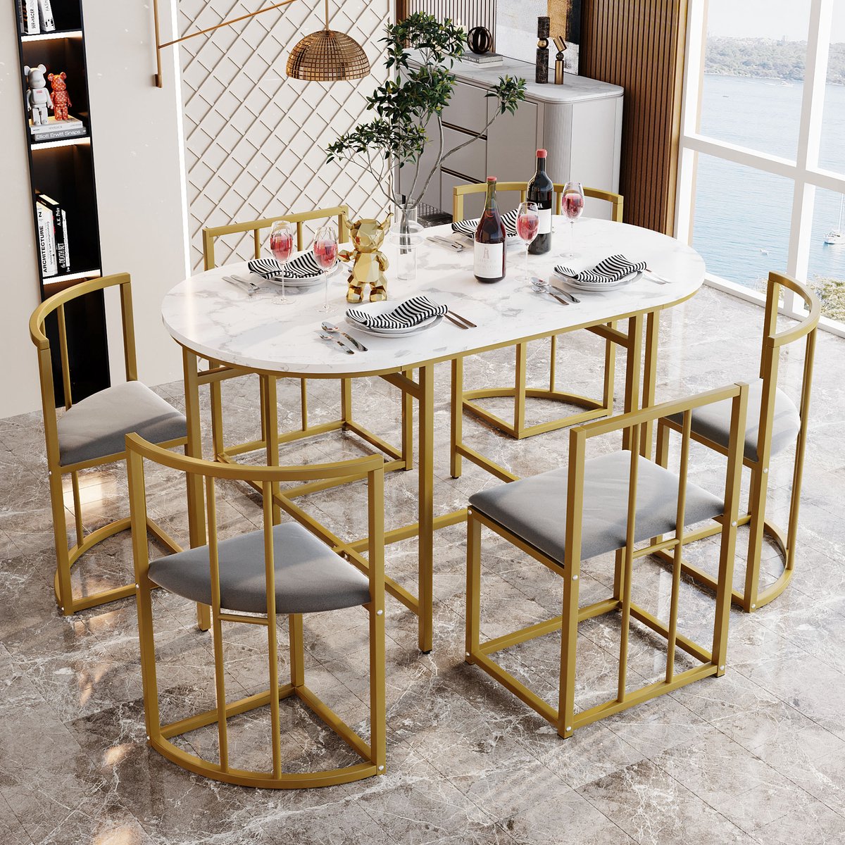 FloraGrace Eettafelset Met 6 Stoelen - Moderne Eethoek Voor Gezinsmaaltijden - MDF En Velours - Wit Grijs En Goud