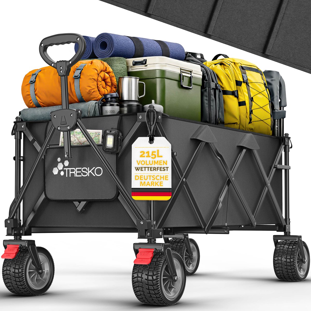 TRESKO® Bolderwagen opvouwbaar 215L met rem | Handwagen inklapbaar 150kg incl. massief rubberen banden | Opvouwbare strandwagen extra brede all-terrain wielen | Transportwagen met draagtas