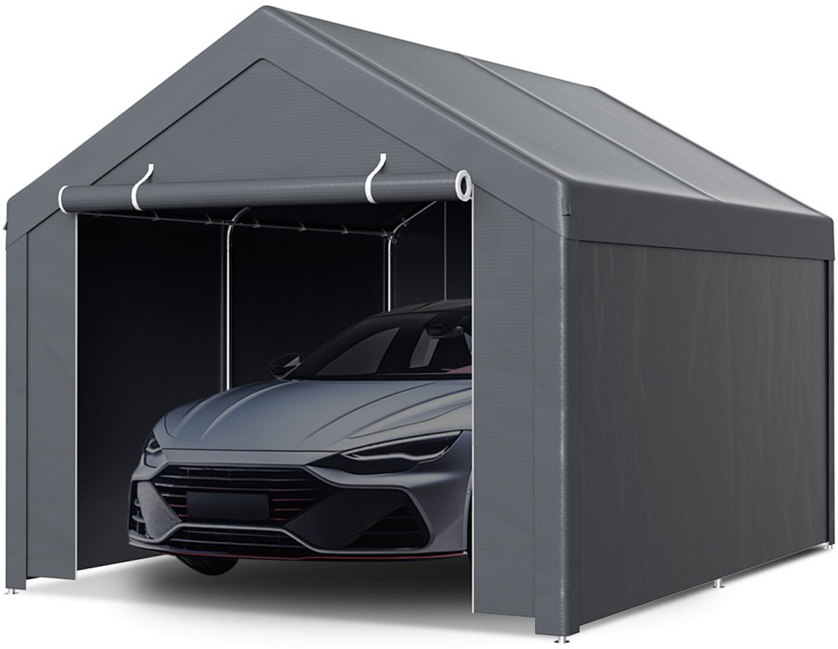 Garagetent 3x4 m met afneembare zijwanden, PE zeil, gegalvaniseerd stalen frame, grijs