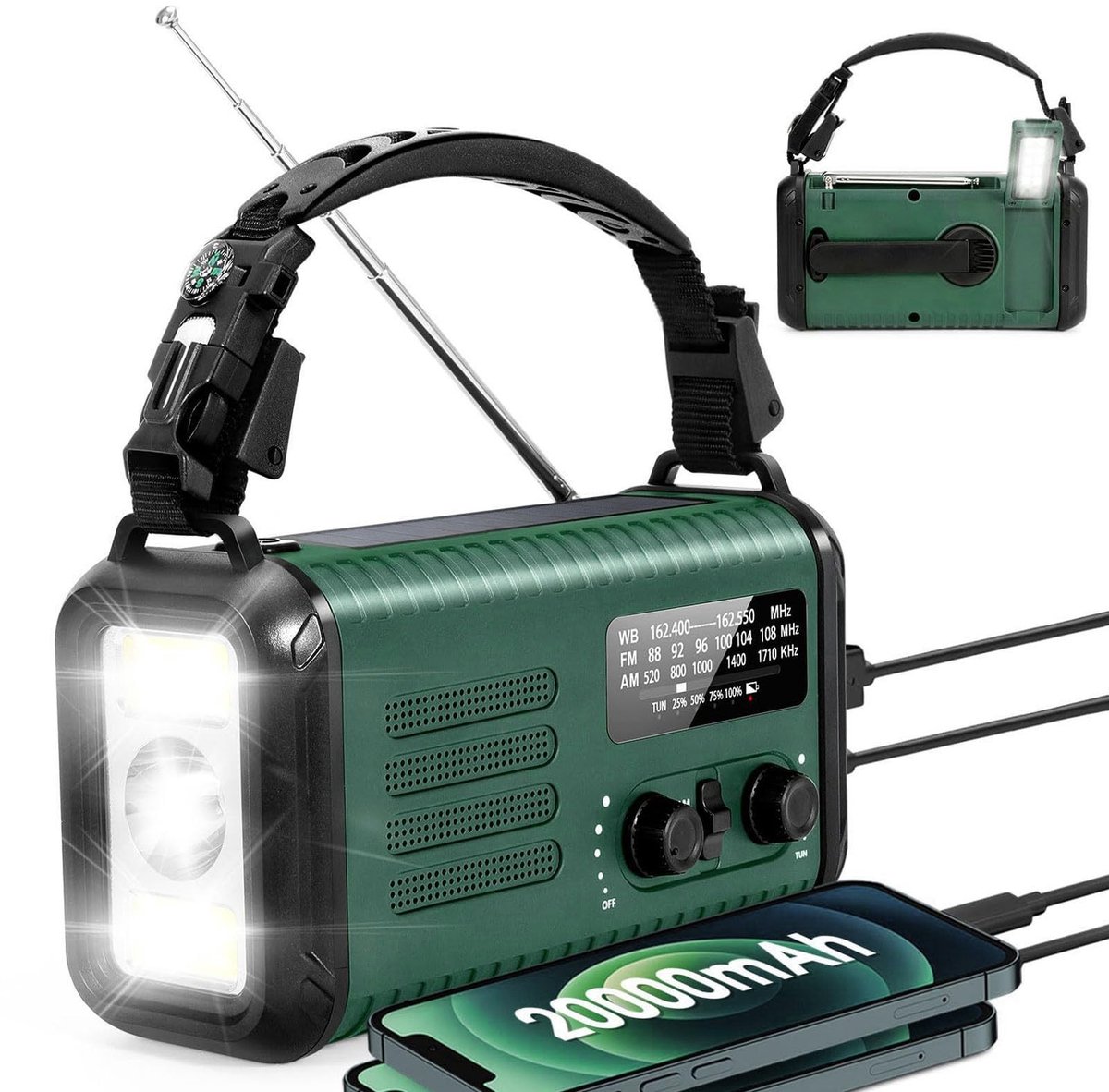 Cosensi- NOAA Weer Radio - Opwindbaar/Solar - 20000 mAh Oplaadbare Batterij - Draagbare Radio - Zaklamp/SOS Alarm - AM/FM Ontvangst - Noodradio