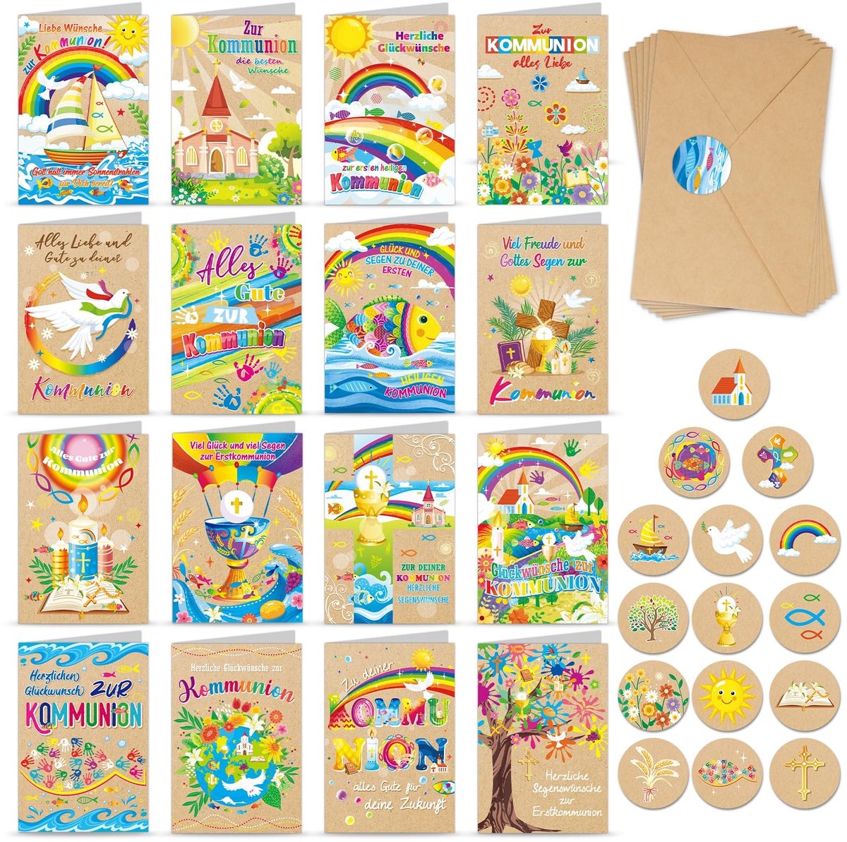 Cosensi- Communiekaarten Set van 16 - Kraftpapier - Gelukwenskaarten - Klappkaarten - Communie Kaartenset - Inclusief Enveloppen