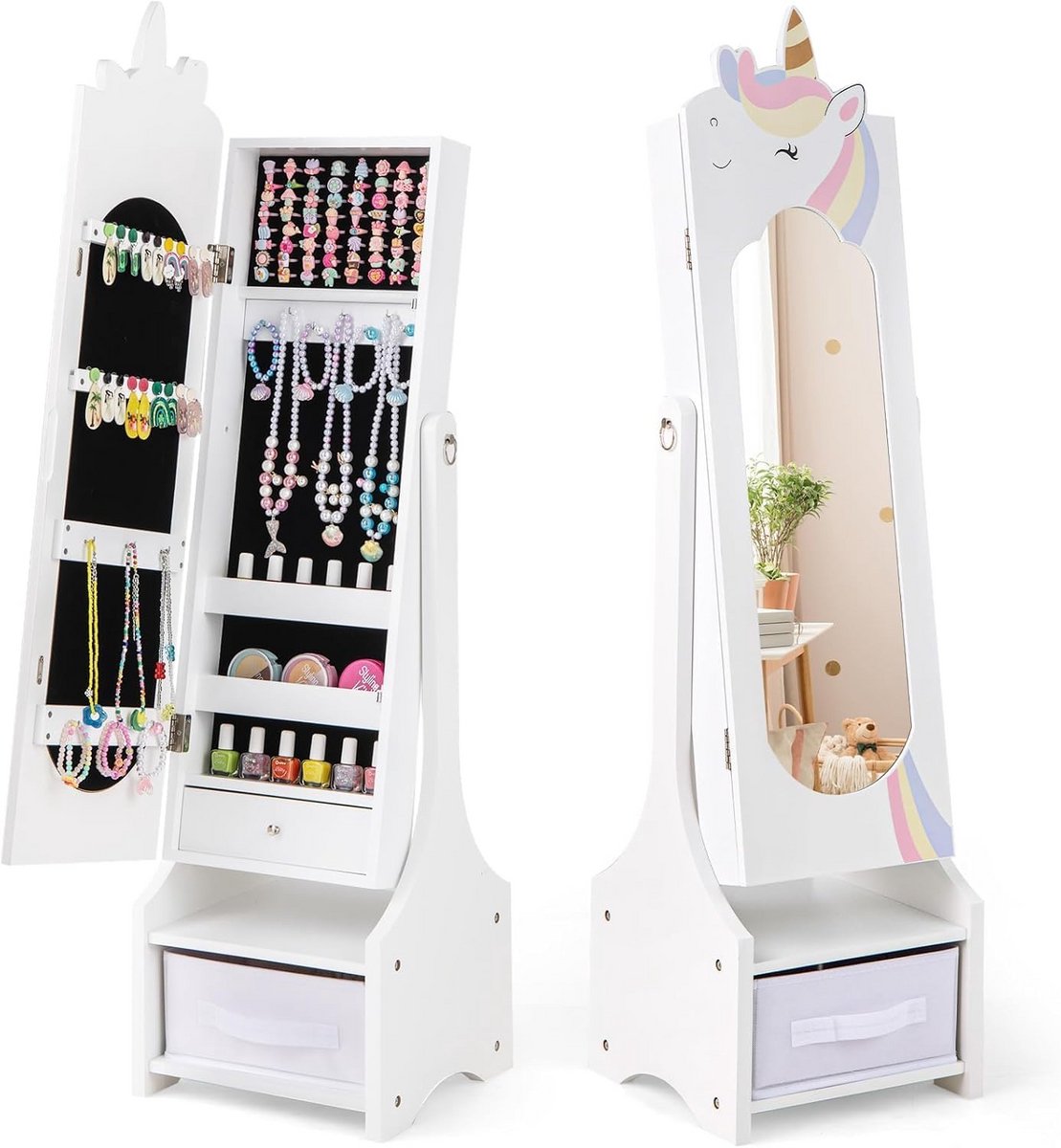 2-in-1 Kindersieradenkast met Kantelbare Full-Body Spiegel - Opbergkast voor Sieraden en Make-up - Speelse & Ruimtelijke Opbergoplossing voor Kinderkamer