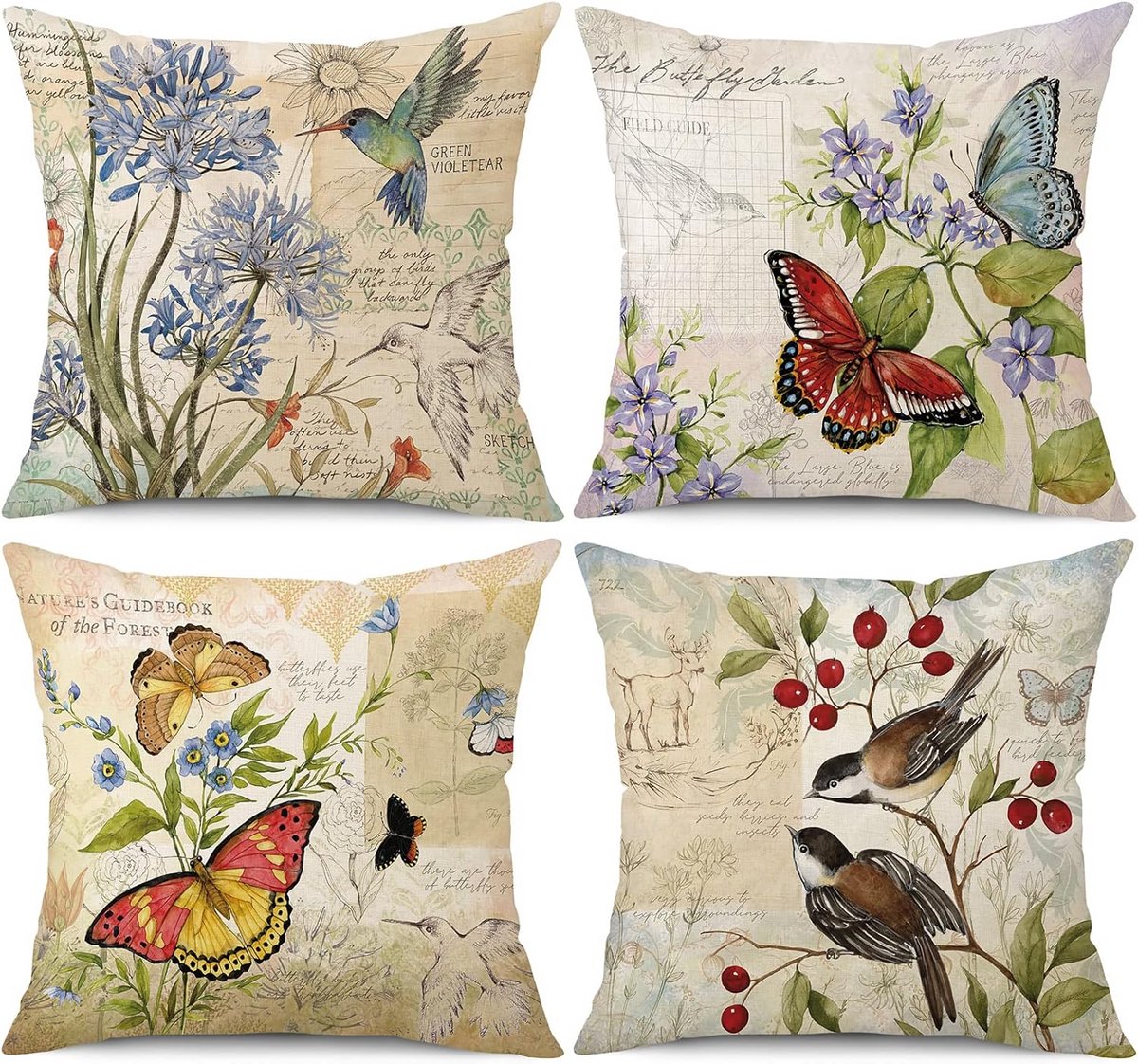 Set van 4 Sierkussenslopen 40x40 cm Boerderij Stijl Linnen Bloemen en Vogels Woonkamer & Buiten
