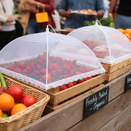 Set van 2 - Vliegenscherm - Opvouwbare voedselafdekking - Vliegenscherm voor voedsel - Voedselafdekking - Stofscherm - Beschermt tegen muggen en stof - Vierkant - Geschikt voor voedsel, fruit, enz. - 48*48*34 cm - Wit — afbeelding 3