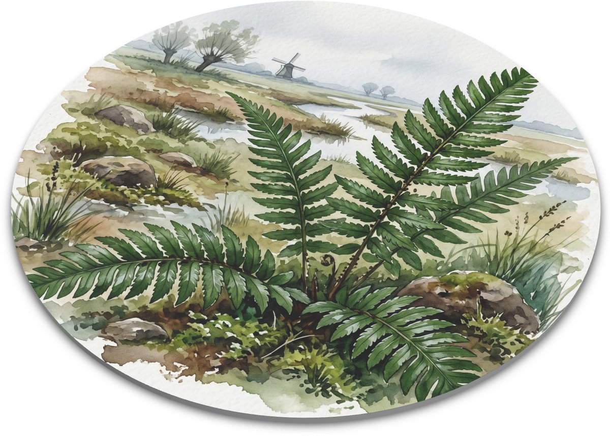 Ronde Muismat - Lansvaren in Rotsachtig Polderlandschap - Aquarel Groene Varens en Natuur Kunst - Bureau Onderlegger en Blikvanger - Diameter 22 cm