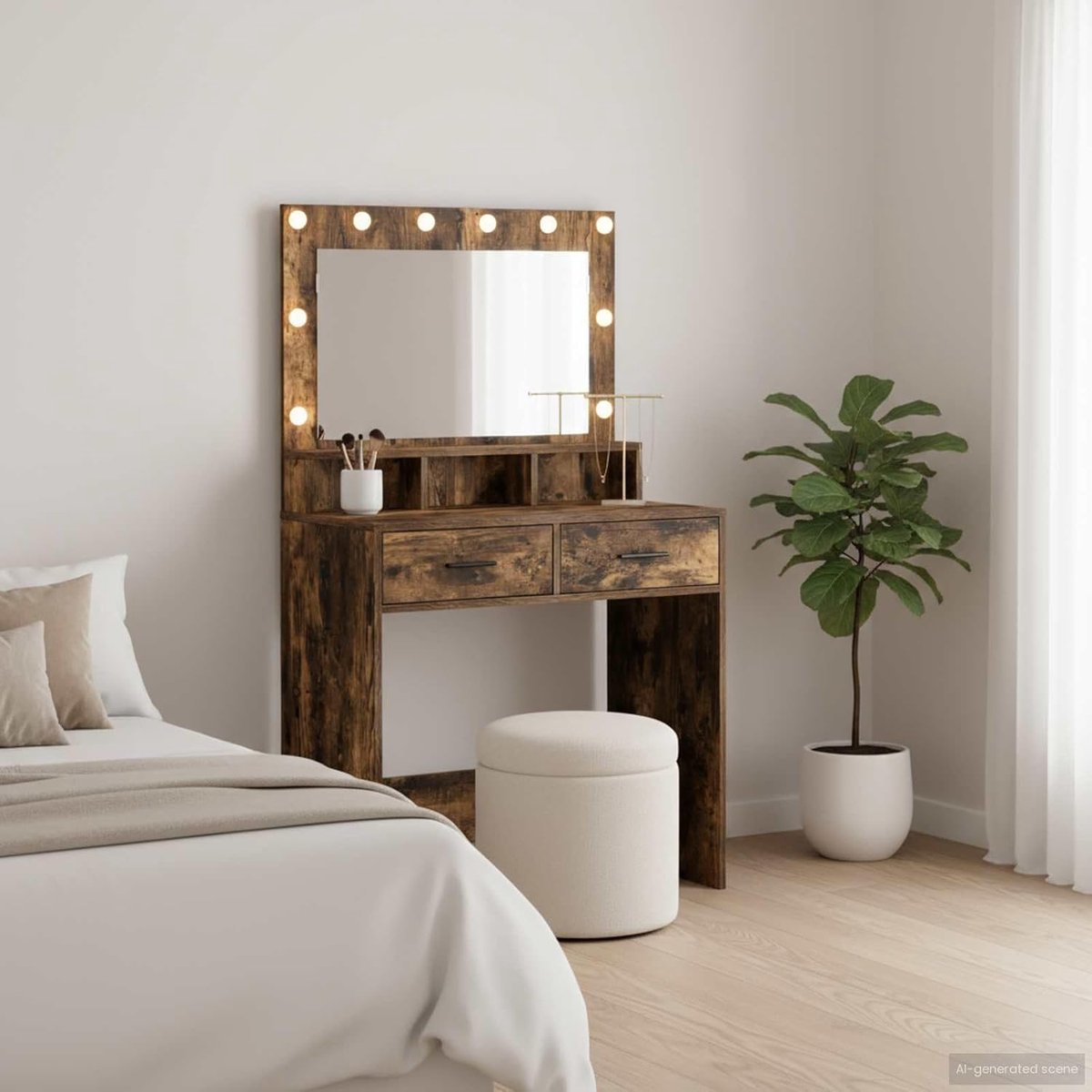 Toilettafel - Kaptafel Kapmeubel - Make-up aanbrengen - Ingebouwde spiegelverlichting - 79 x 41 x 135 cm - Gerookt eiken