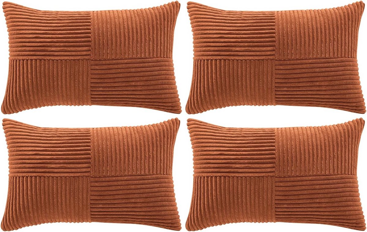 4x Rechthoekige Sierkussensloop Roestbruin Corduroy - Rustiek & Boho Decoratie - 30x50 cm