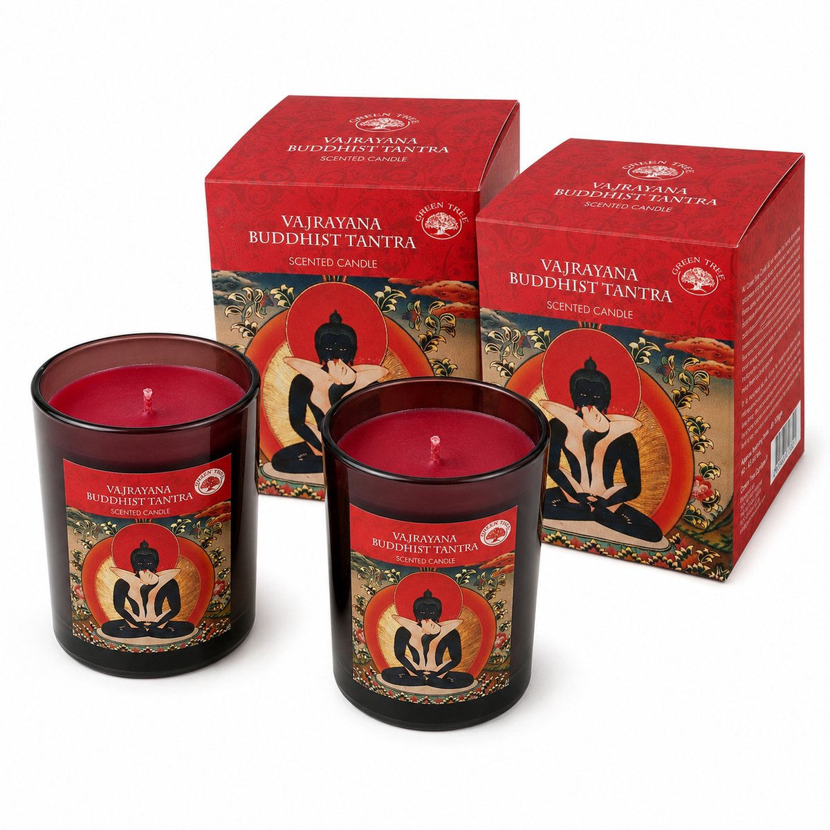 Green Tree Vajrayana Buddhist Tantra Geurkaarsen – Set van 2 – Luxe Geurkaars in Glas – 40