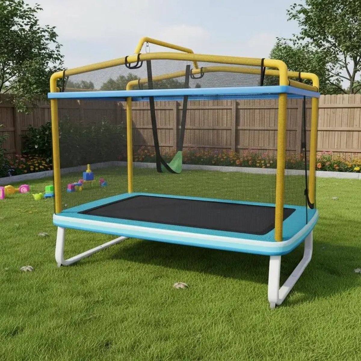 Dailygoods 190CM 3-in-1 rechthoekige trampoline voor kinderen met veiligheidsnet en horizontale stang - geel
