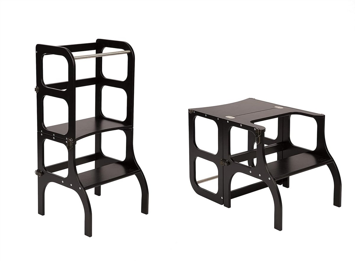 Opvouwbare leertoren met zitfunctie en tafel - 45 cm hoog - berkenhout - zwart