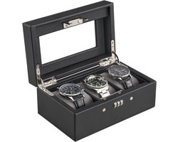 ProCase 3-Slot Lockable Watch Case, Display Storage Box with Combination Slot, Locking Watch Holder Organizer with Glass Lid for Men -Black