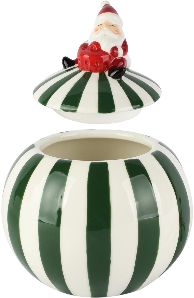 Dekoratief | Bewaarpot bol m/santa, groen/wit, keramiek, 13x13x16cm | A265363