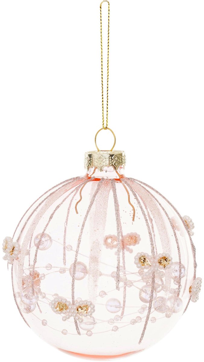 Dekoratief | Hanger bal m/strikjes, roze/transparant, glas, 8x8x8cm | A265637