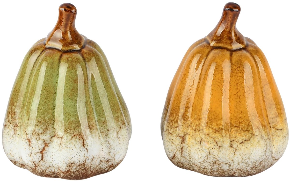 Dekoratief | Deco pompoen, geel/groen, porselein, 8x8x10cm, set van 2 stuks | A265868