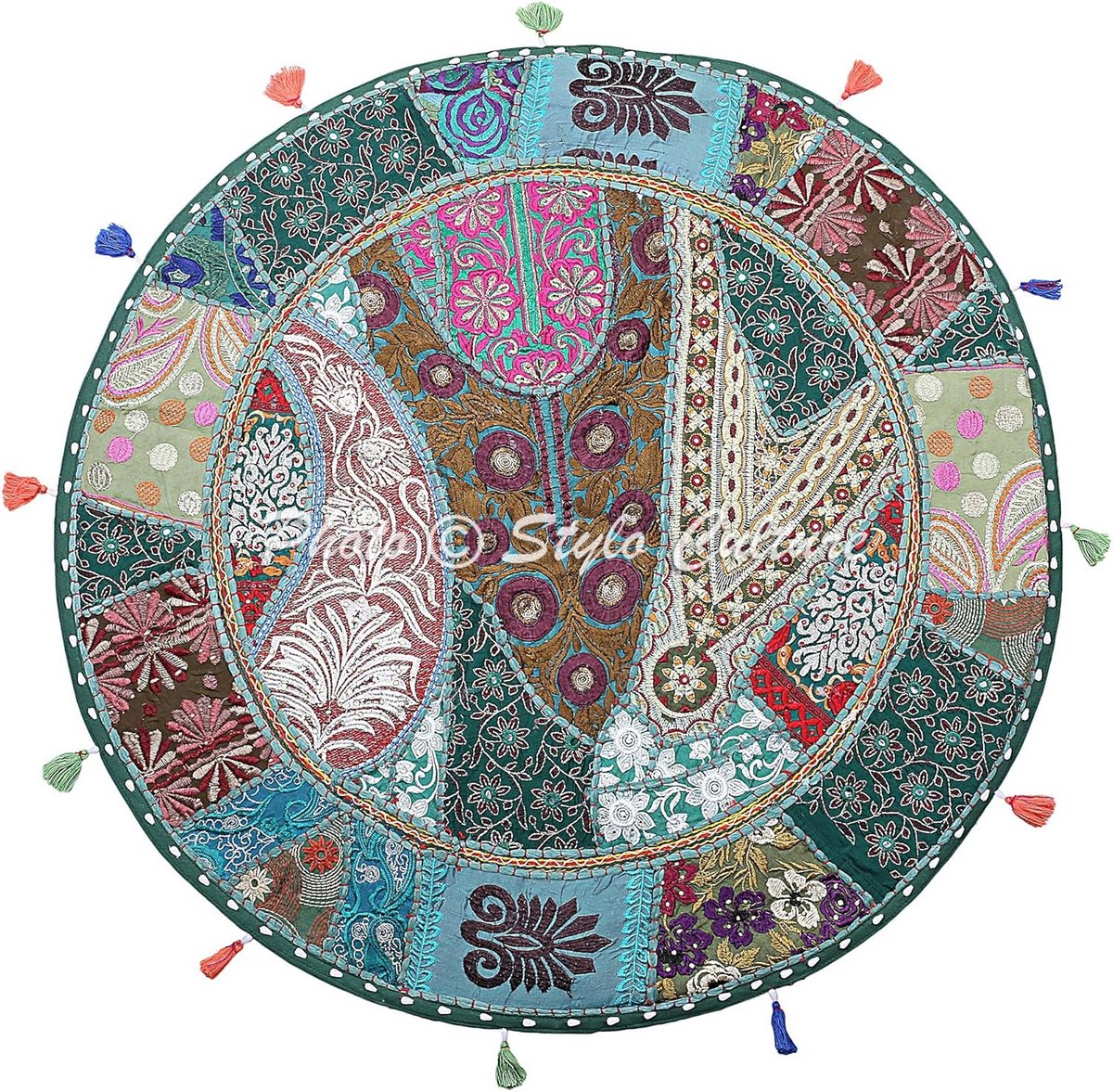 Vloerkussenhoes - Zitkussenhoes Bodemkussen - Ontspannen Lezen - Uniek Patchwork Ontwerp - 80 cm Diameter - Donker Groen
