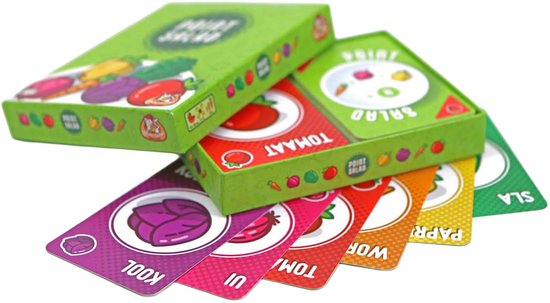 Groene speldoos met groenten en kaartjes met groenten erop: kool, ui, tomaat, wortel, paprika en sla.