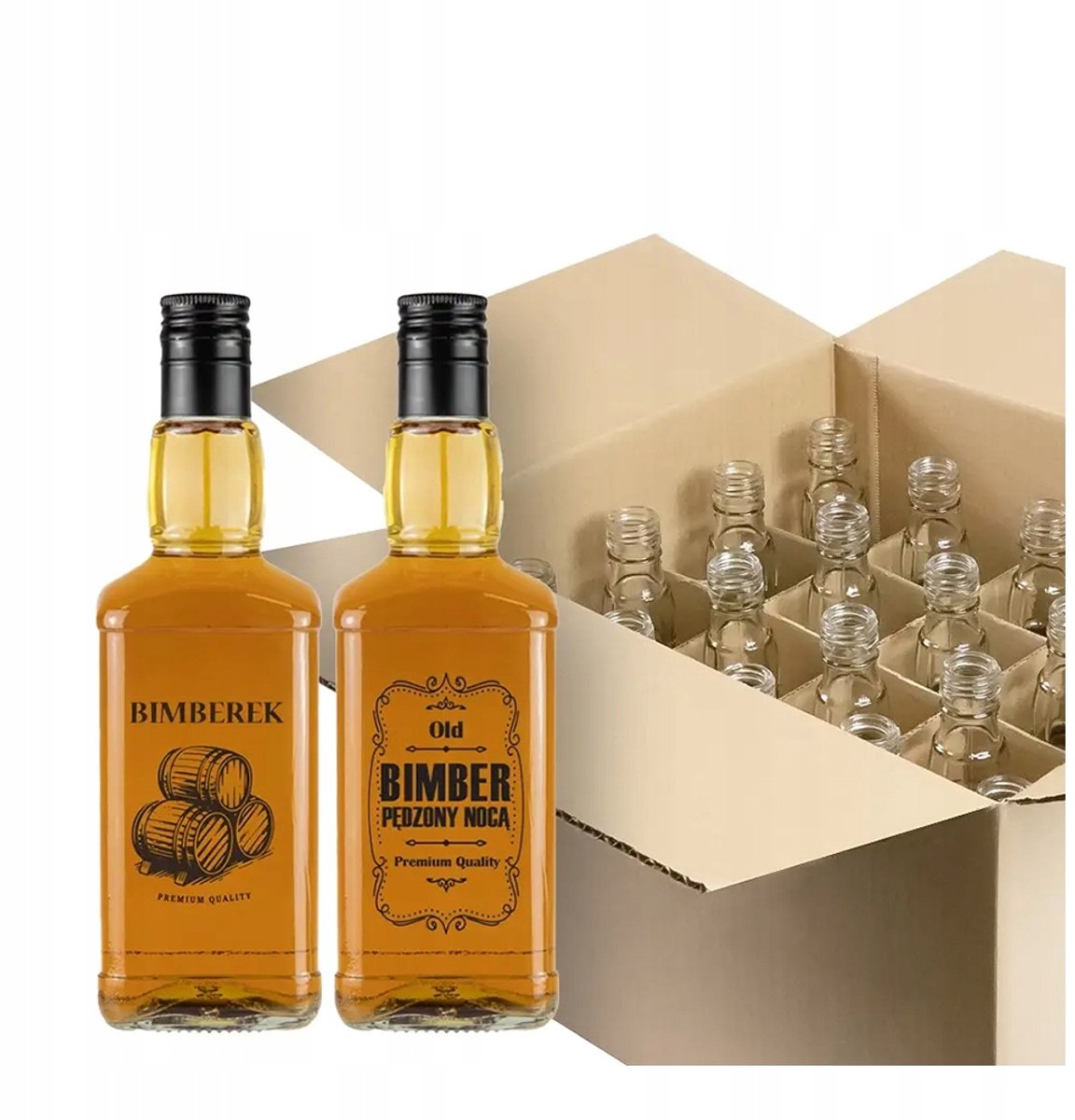 Bimberek Daniels Serie - Glazen Flessen - 0,5L - Nadruk Bimberek of Bimber Pędzony Nocą - Esthetisch Design